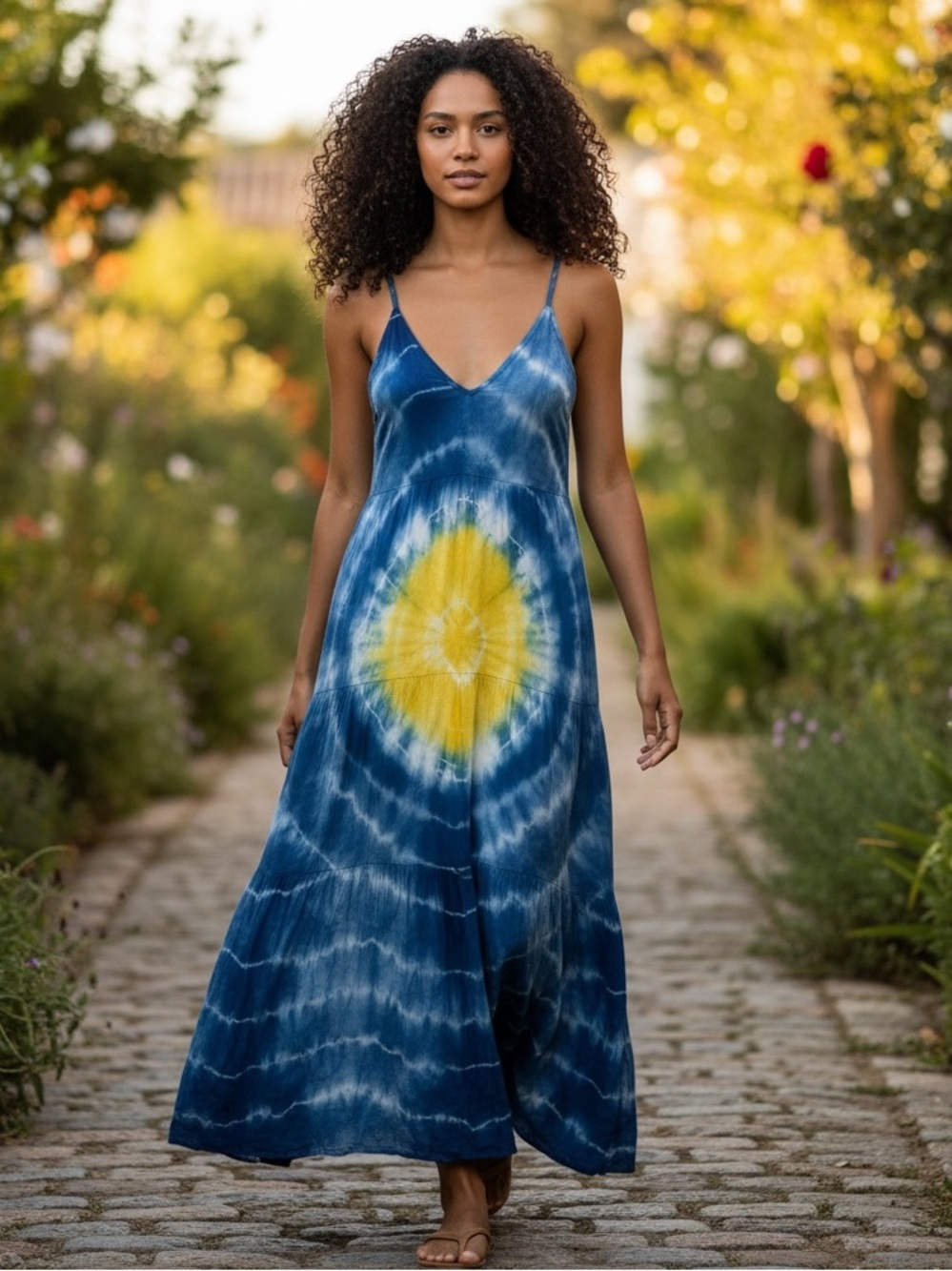 Sapogee Blue & Yellow Tie-dye Tiered Maxi Dress NWT Size XL
